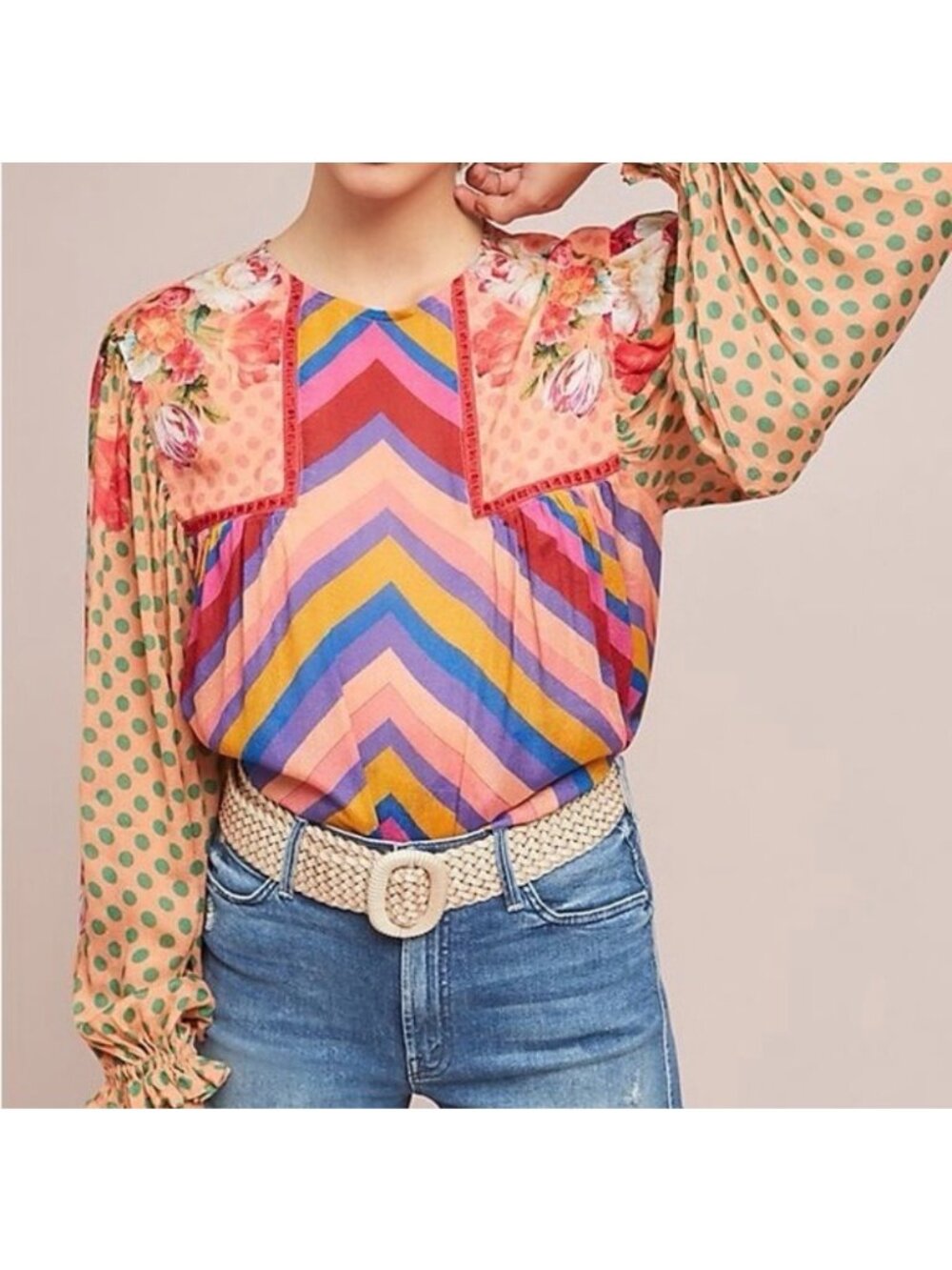 Anthropologie Mixed Stripe Print Dot Floral Boho Blouse Piping Balloon Sleeves M